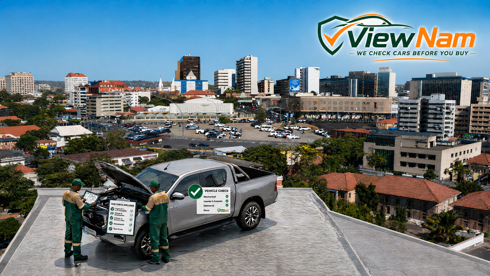 ViewNam inspectors checking a bakkie in Windhoek - we check cars before you buy